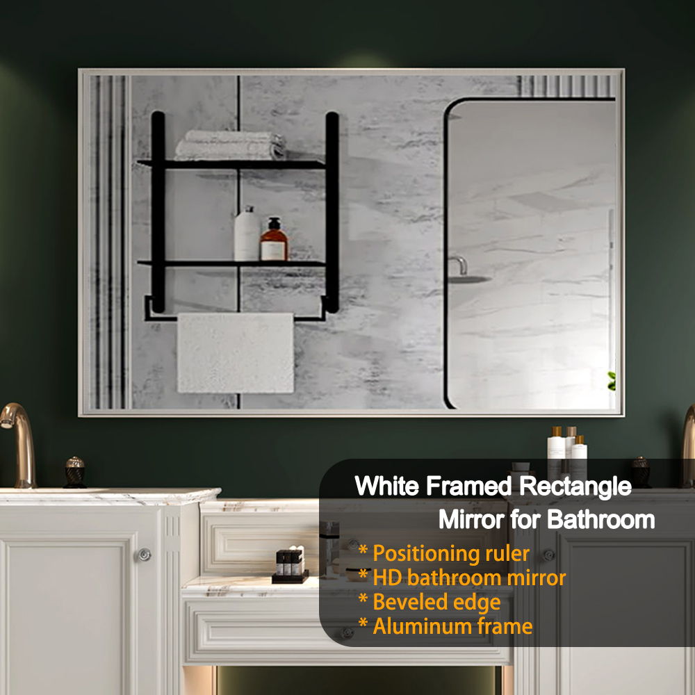 Rectangular Wall-Mounted Beveled Bathroom Mirror, Square Angle Metal Frame Wall Mounted Bathroom Mirrors For Wall (Horizontal & Vertical) - Glossy White