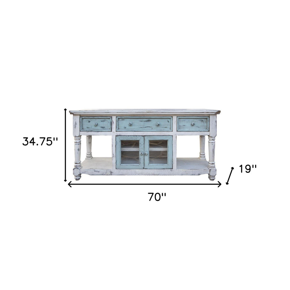 Open Shelving Distressed TV Stand - Blue / White