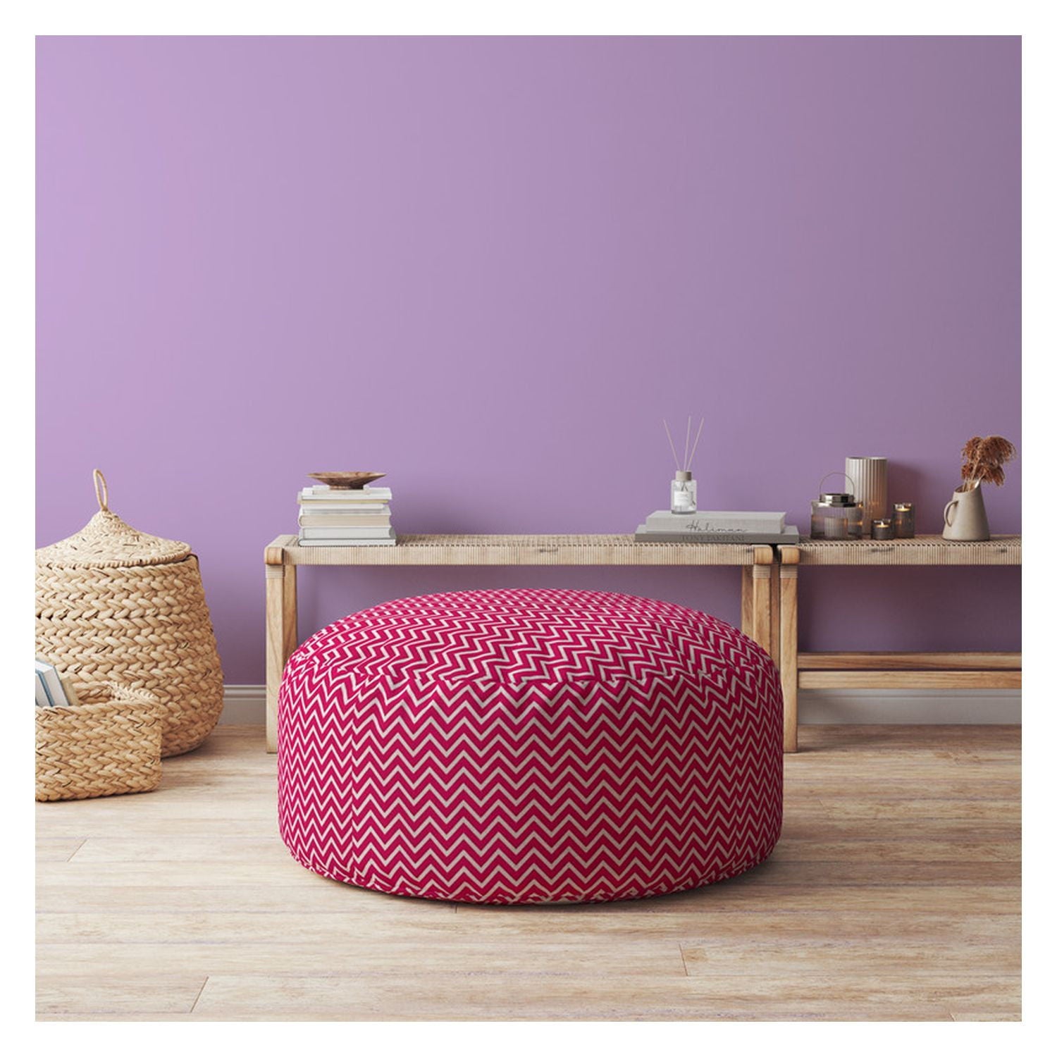 Cotton Round Chevron Pouf Ottoman - Pink