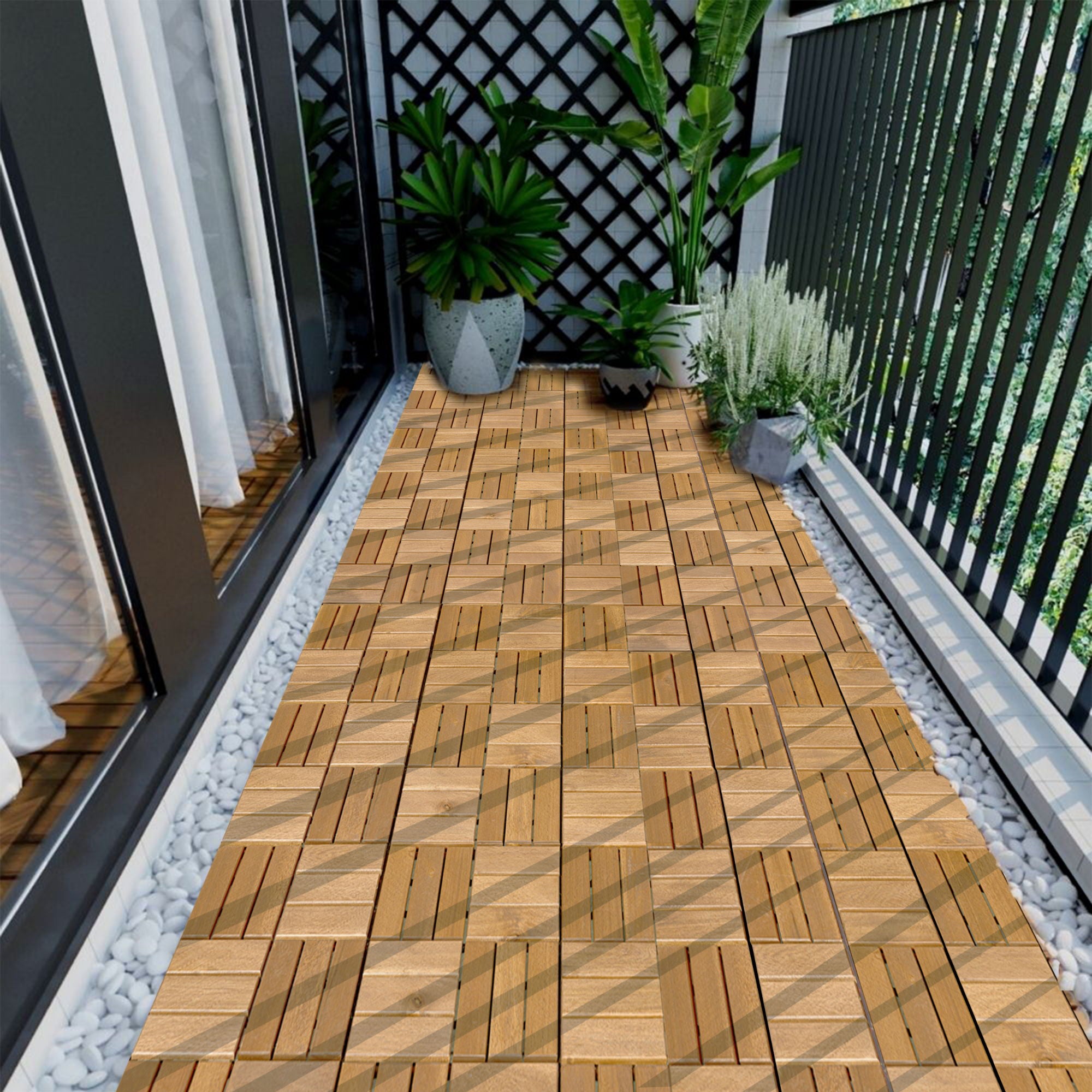 Interlocking Deck Tiles Checker Pattern, Square Acacia Hardwood Outdoor Flooring For Patio, Bancony, Pool Side