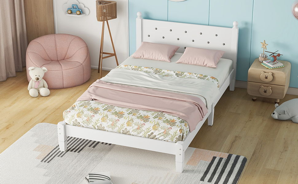 Twin Bed With Button-Decoration Headboard, With Bed Slats - White