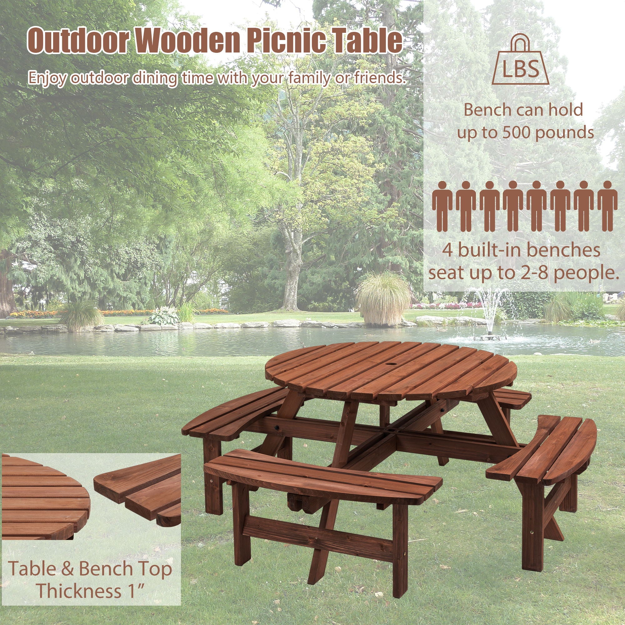 8 Person Wooden Picnic Table, Outdoor Camping Dining Table With Seat, Garden, Diy With 4 Built-In Benches, 2220Lb Capacity