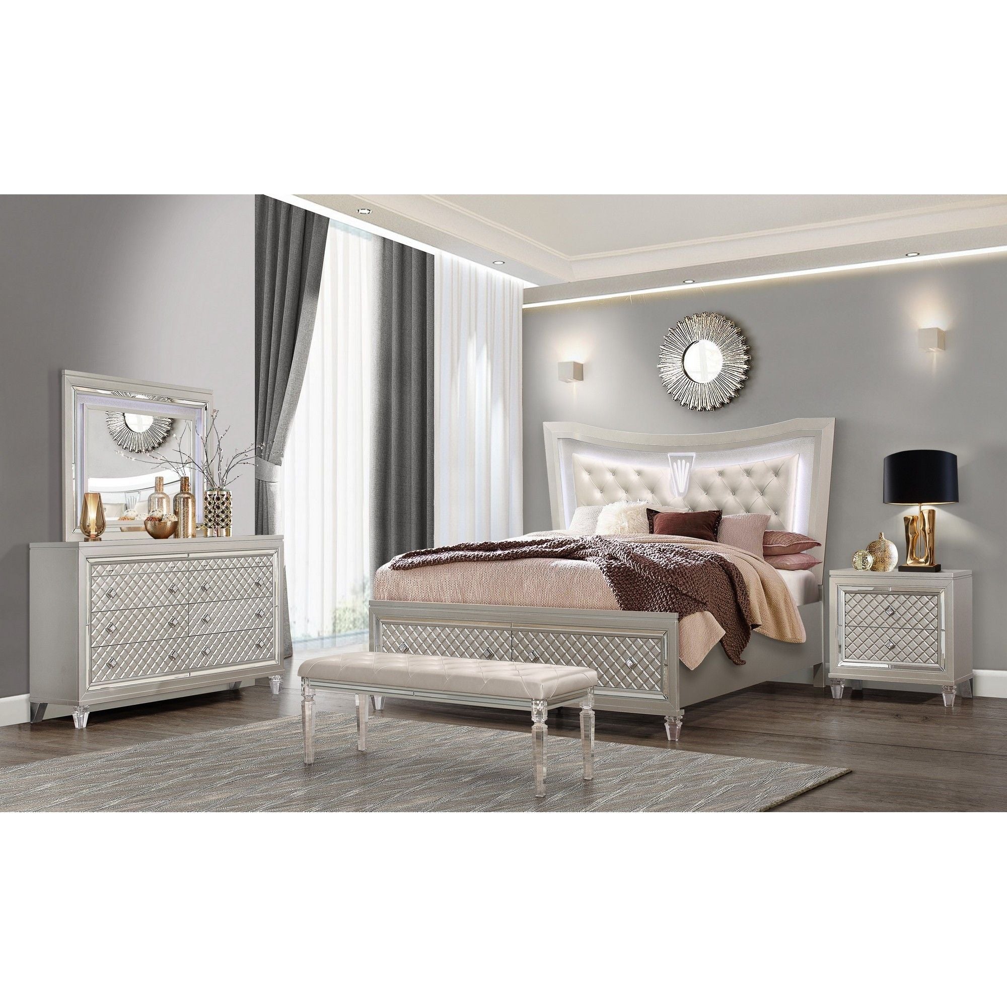 Queen Bed With Padded Headboard Led Lightning 2 Drawer - Champagne Tone