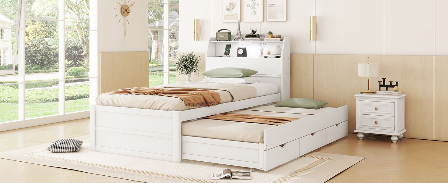 Wooden LED Platform Bed With Trundle, With Storage Headboard, With Drawers