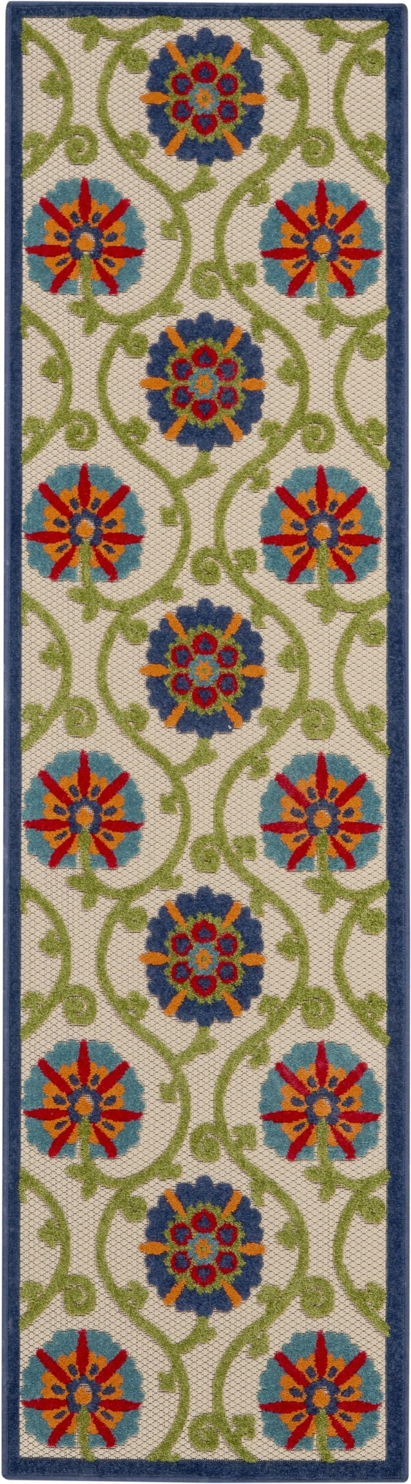 2' X 8' Floral Outdoor / Indoor Area Rug - Ivory / Blue