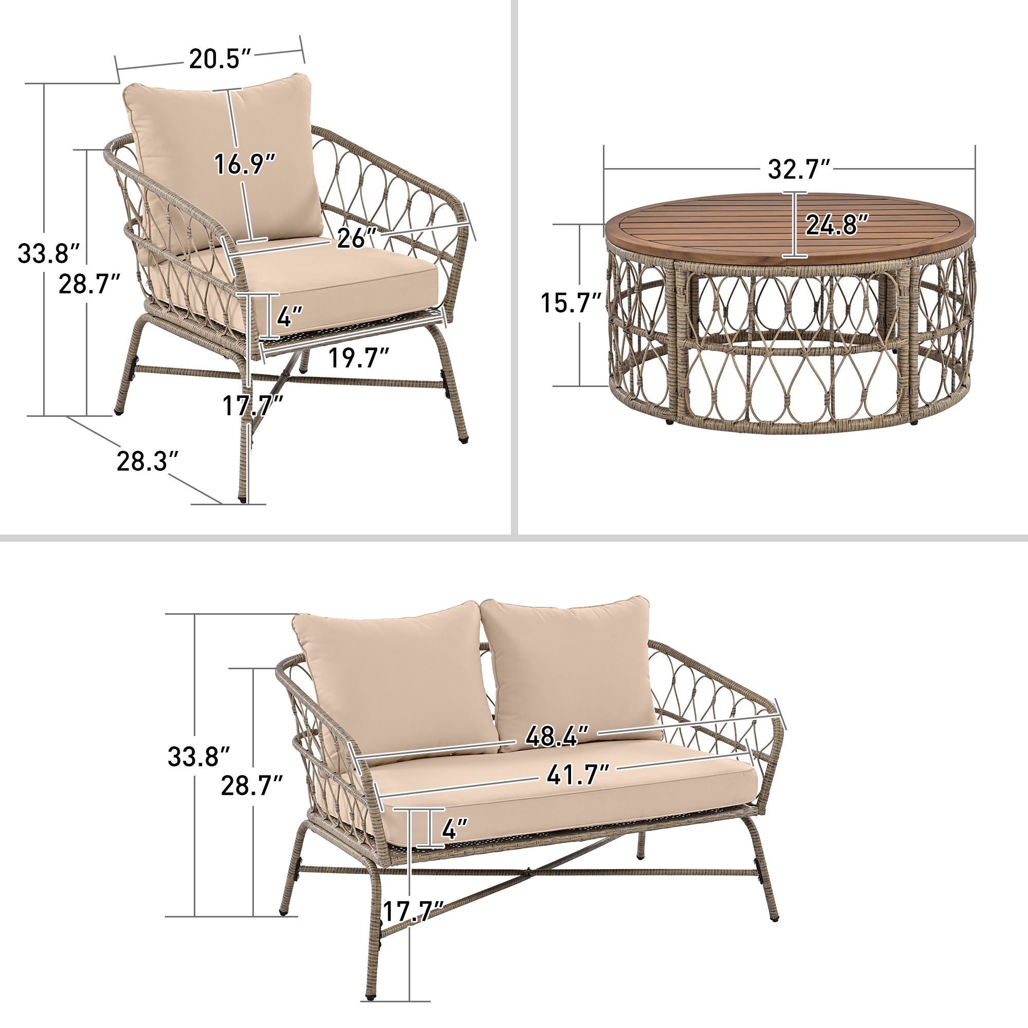 Bohemia-Inspired 4 Person Outdoor Seating Group With Removable Cushions, Conversation Patio Set With Wood Tabletop - Beige