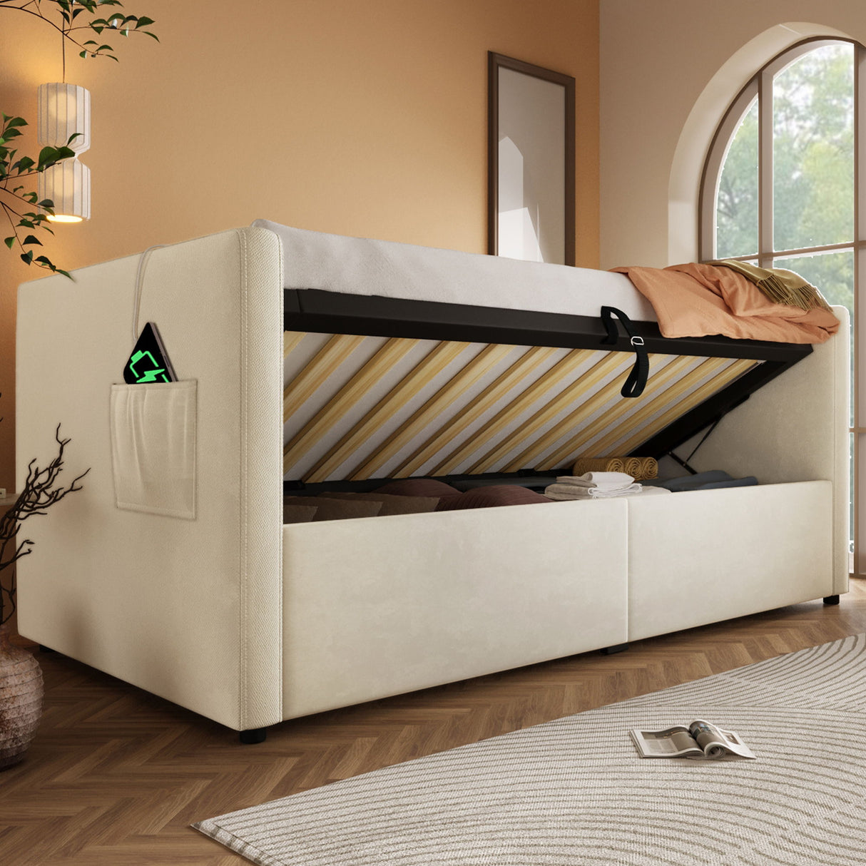 Upholstered Hydraulic Storage Daybed With USB & Type C Charging