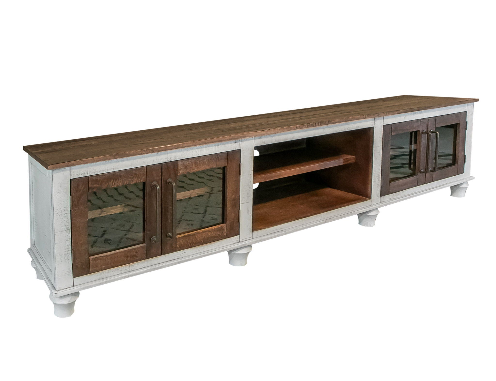 Solid Wood Cabinet Enclosed Storage Distressed TV Stand - Brown / Ivory