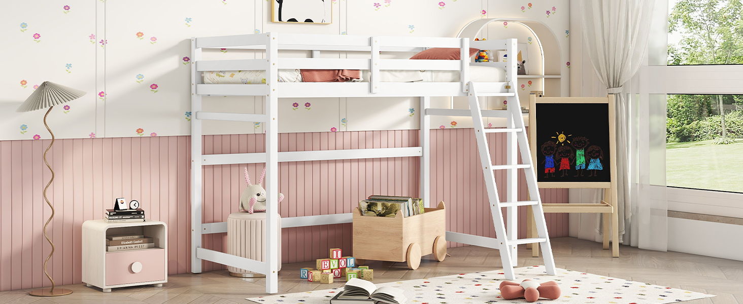 High Loft Bed With Inclined Ladder, Guardrails