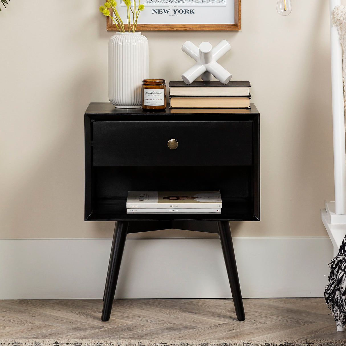 Mid-Century Modern Single Drawer Solid Wood Nightstand by Walker Edison | Bel Furniture