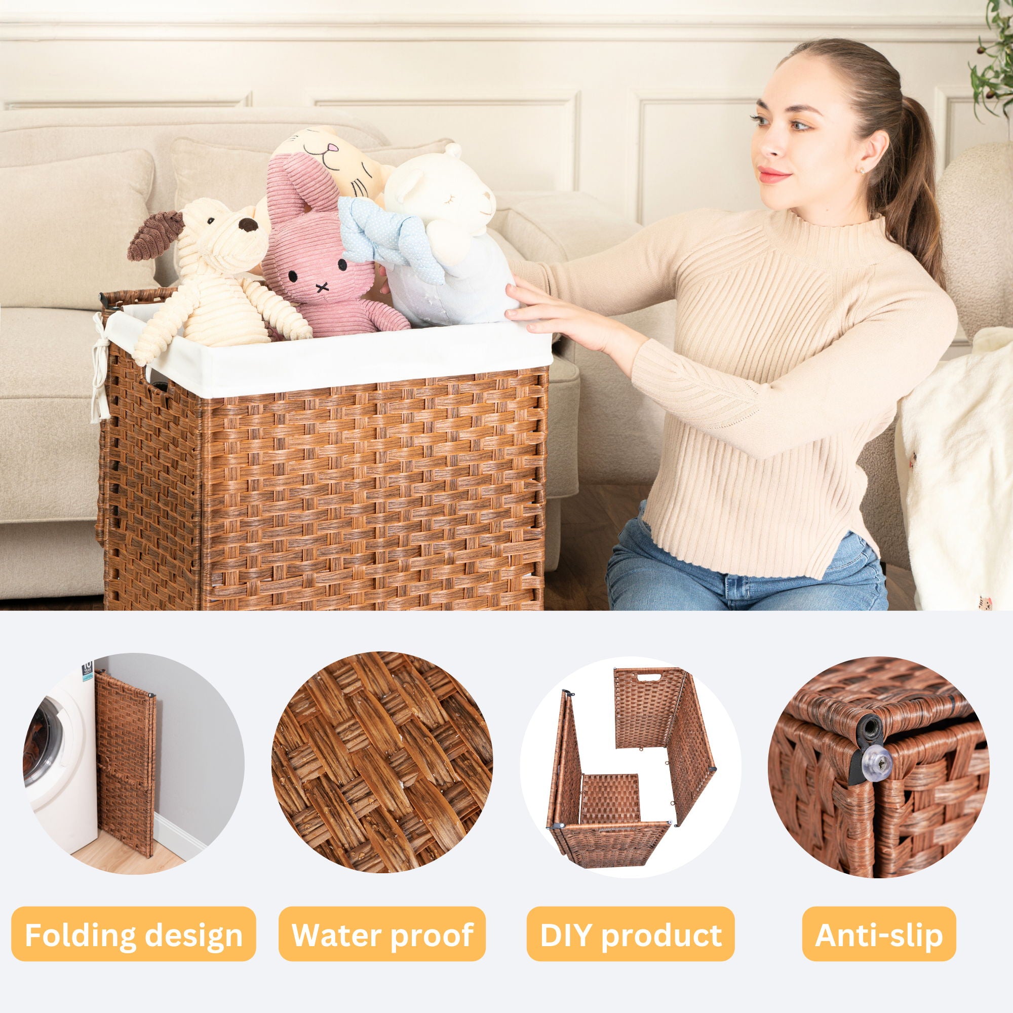 Laundry Hamper With Lid PE Rattan Powder Coating Frame Clothes Hampers With 2 Removable Bags