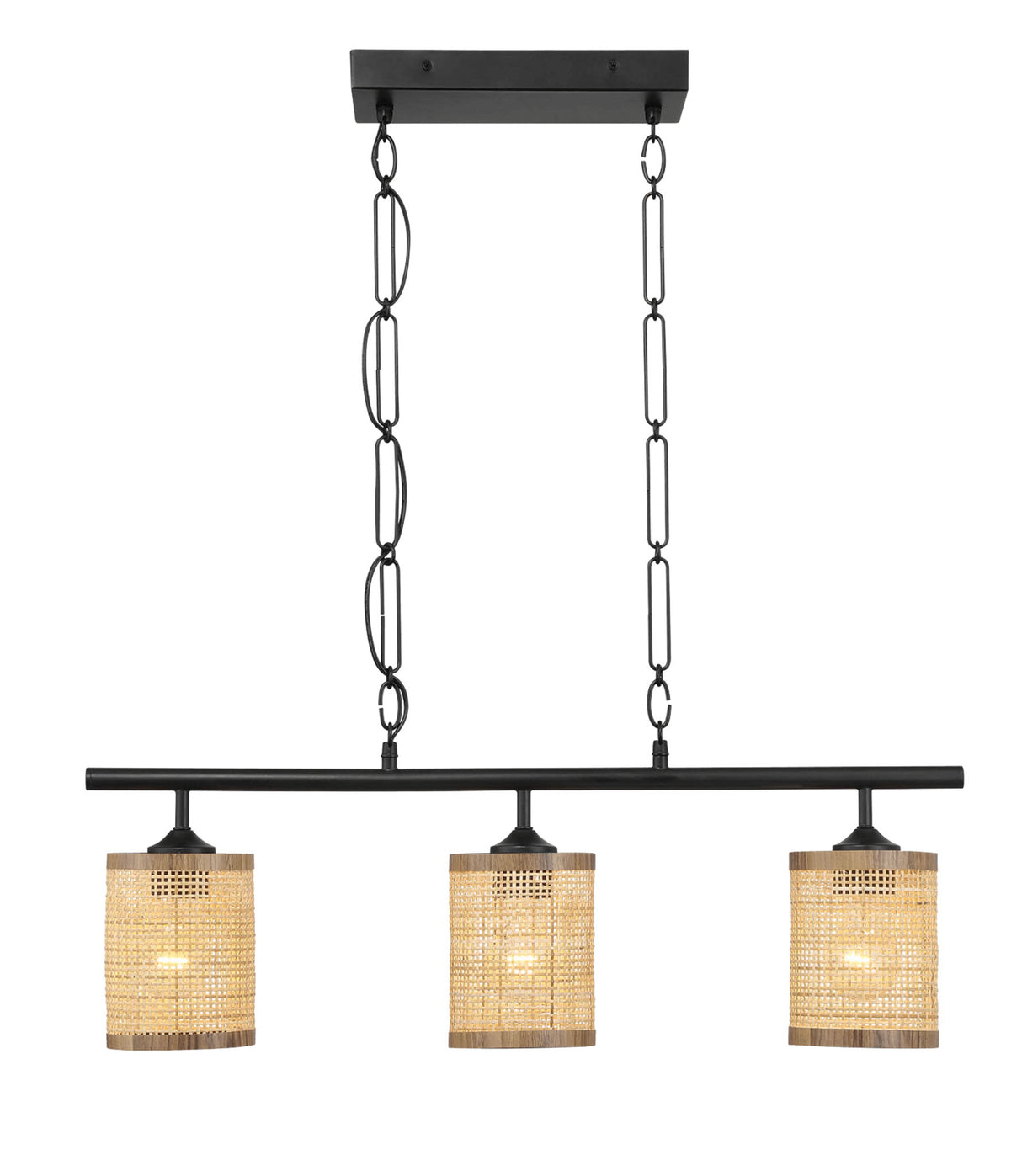 Elysian - 3 Lights Island With Natural Shade Farmhouse Chain Ceiling Lamp - Black / Rattan by Ashcroft Furniture | Bel Furniture