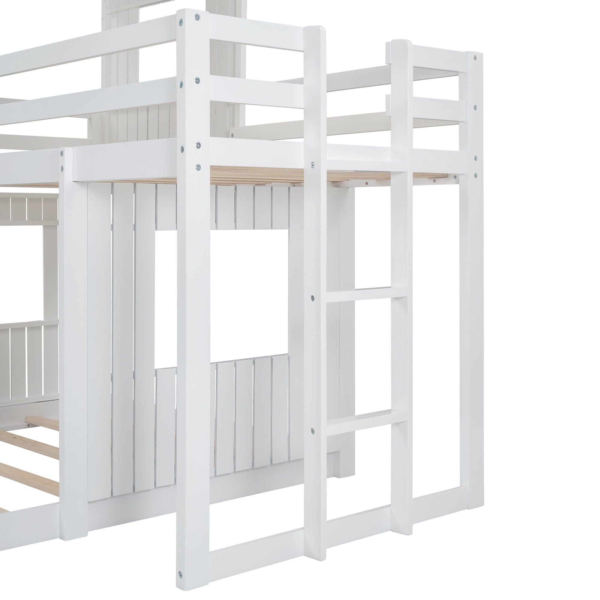 Wooden Twin Over Full Bunk Bed, Loft Bed With Playhouse, Farmhouse, Ladder And Guardrails - White