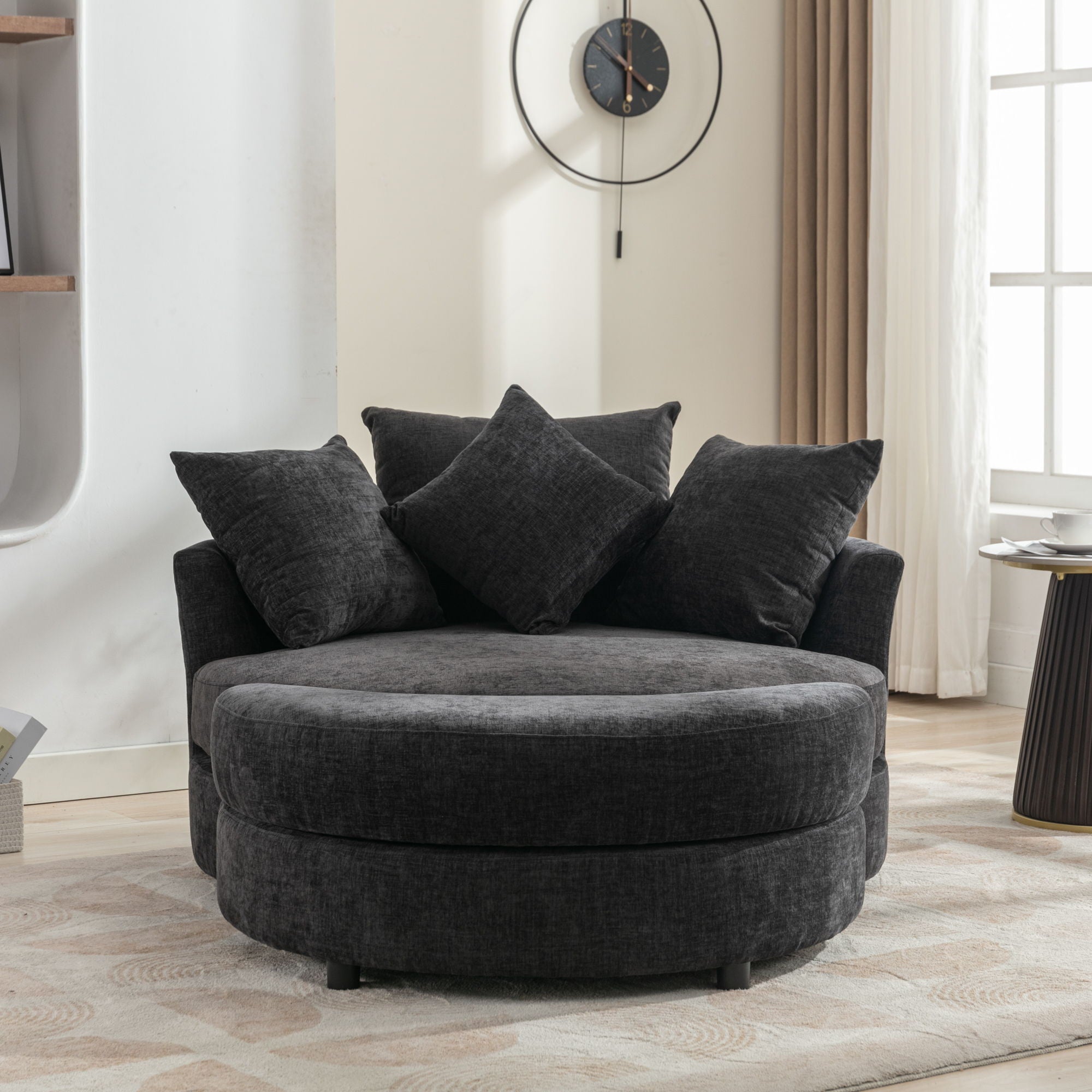 360° Swivel Accent Barrel Chair With Storage Ottoman & 4 Pillows, Modern Chenille Leisure Chair Round Accent For Living Room