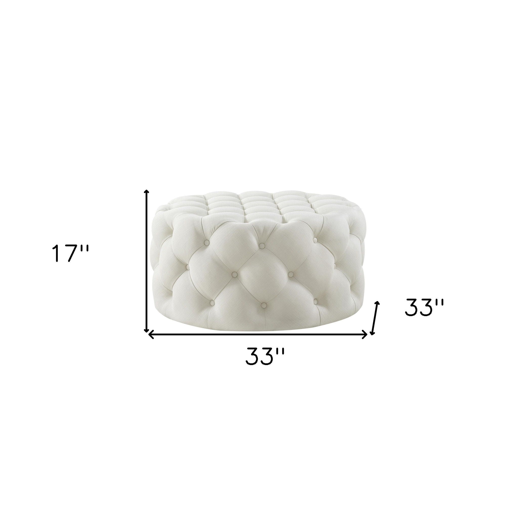 Linen Rolling Tufted Round Cocktail Ottoman - White