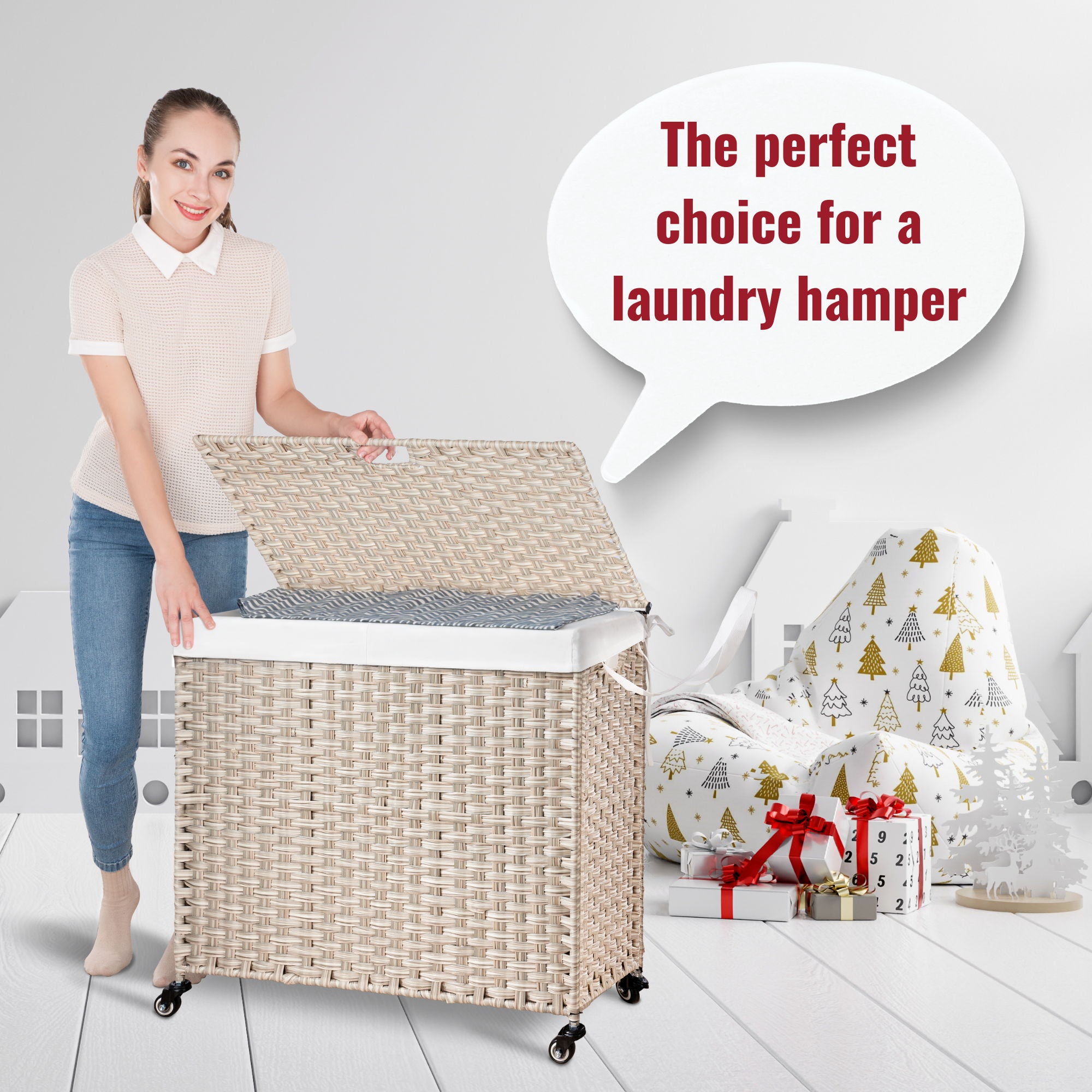 Laundry Hamper With Lid PE Rattan Powder Coating Frame Clothes Hampers With 2 Removable Bags