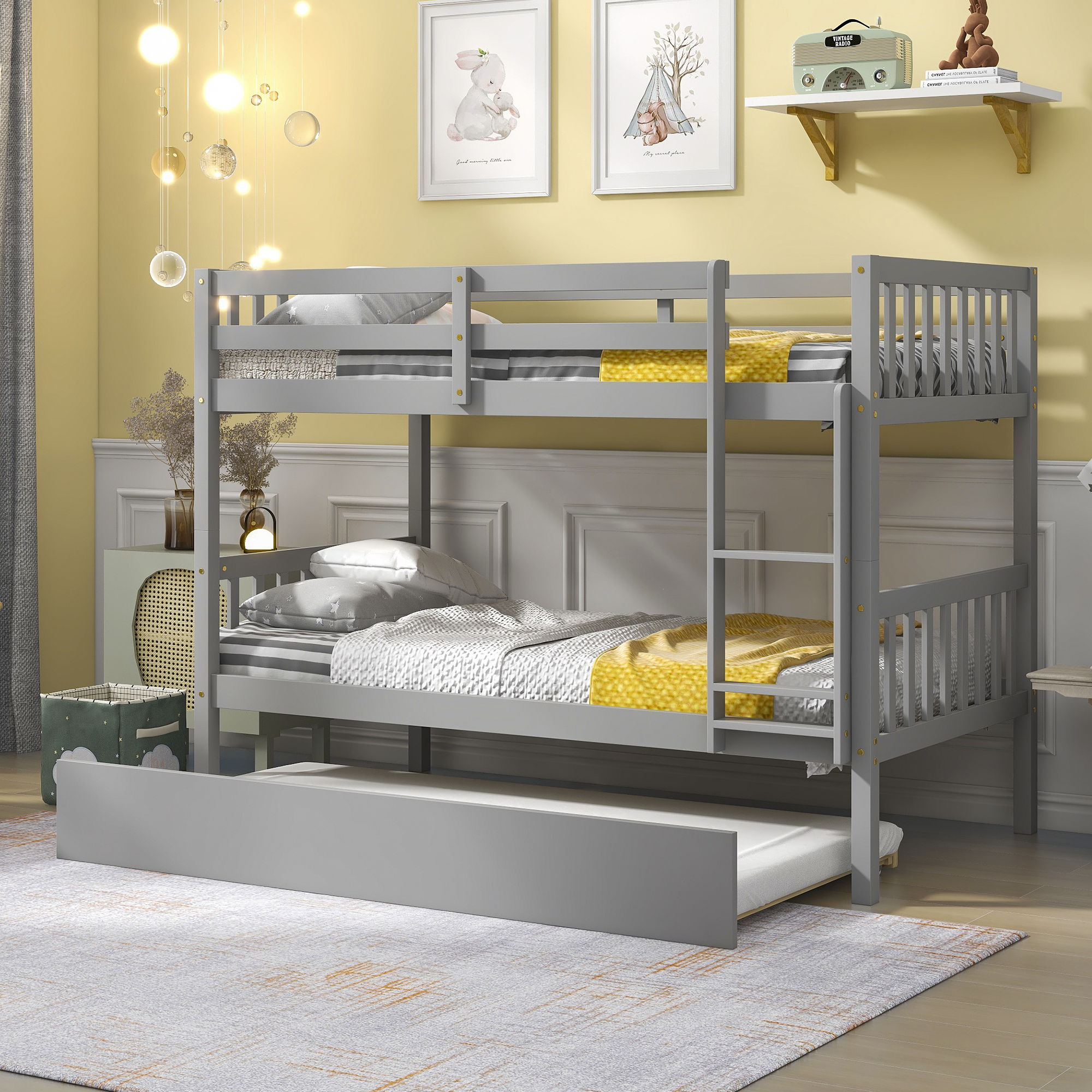 Twin Over Twin Bunk Beds With Trundle, Solid Wood Trundle Bed Frame With Safety Rail And Ladder, Kids / Teens Bedroom, Guest Room Furniture, Can Be Converted Into 2 Beds - Gray