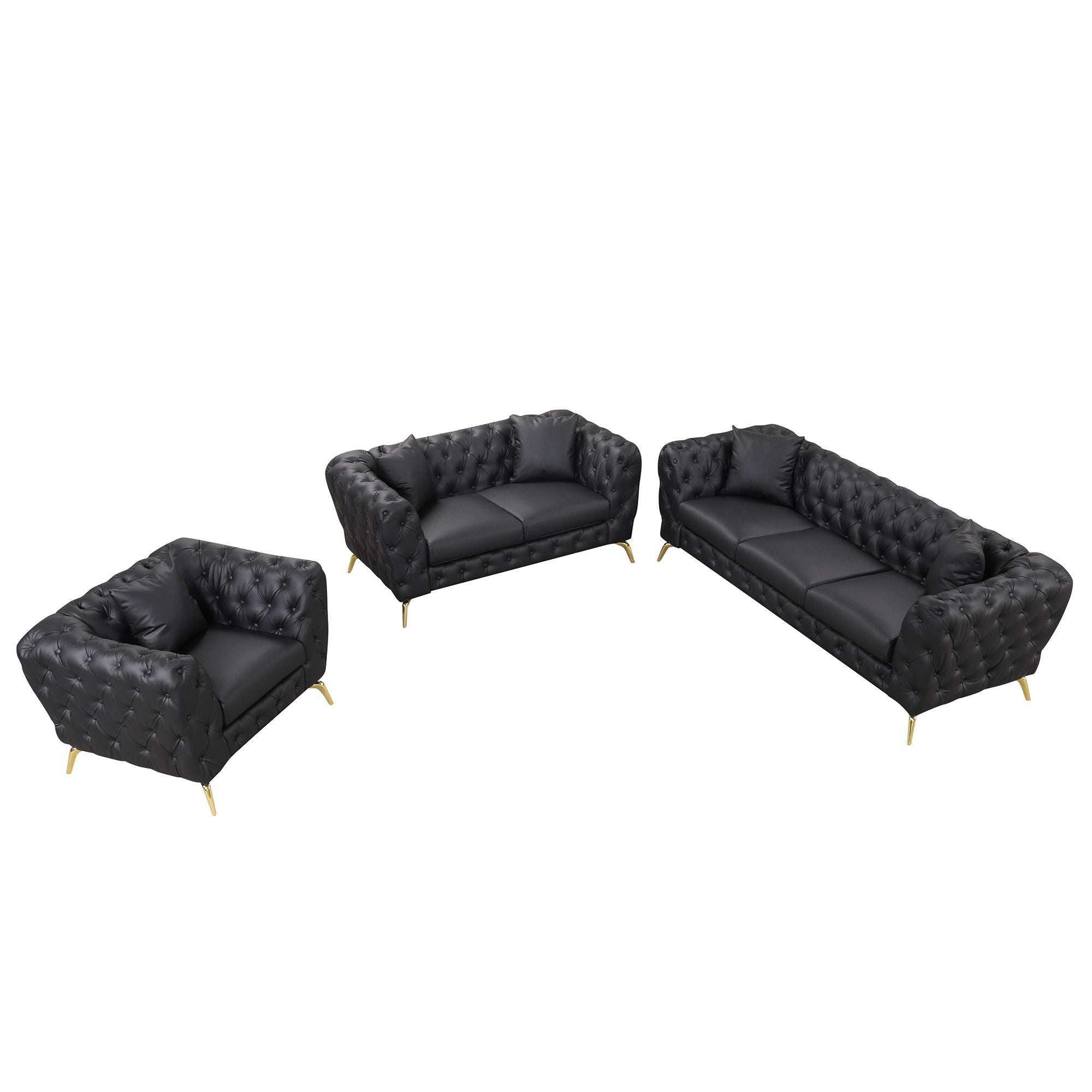 Modern 3 Piece Sofa Sets With Sturdy Metal Legs, Button Tufted Back, PU Upholstered Couches Sets Including Three Seat Sofa, Loveseat And Single Chair For Living Room Furniture Set - Black