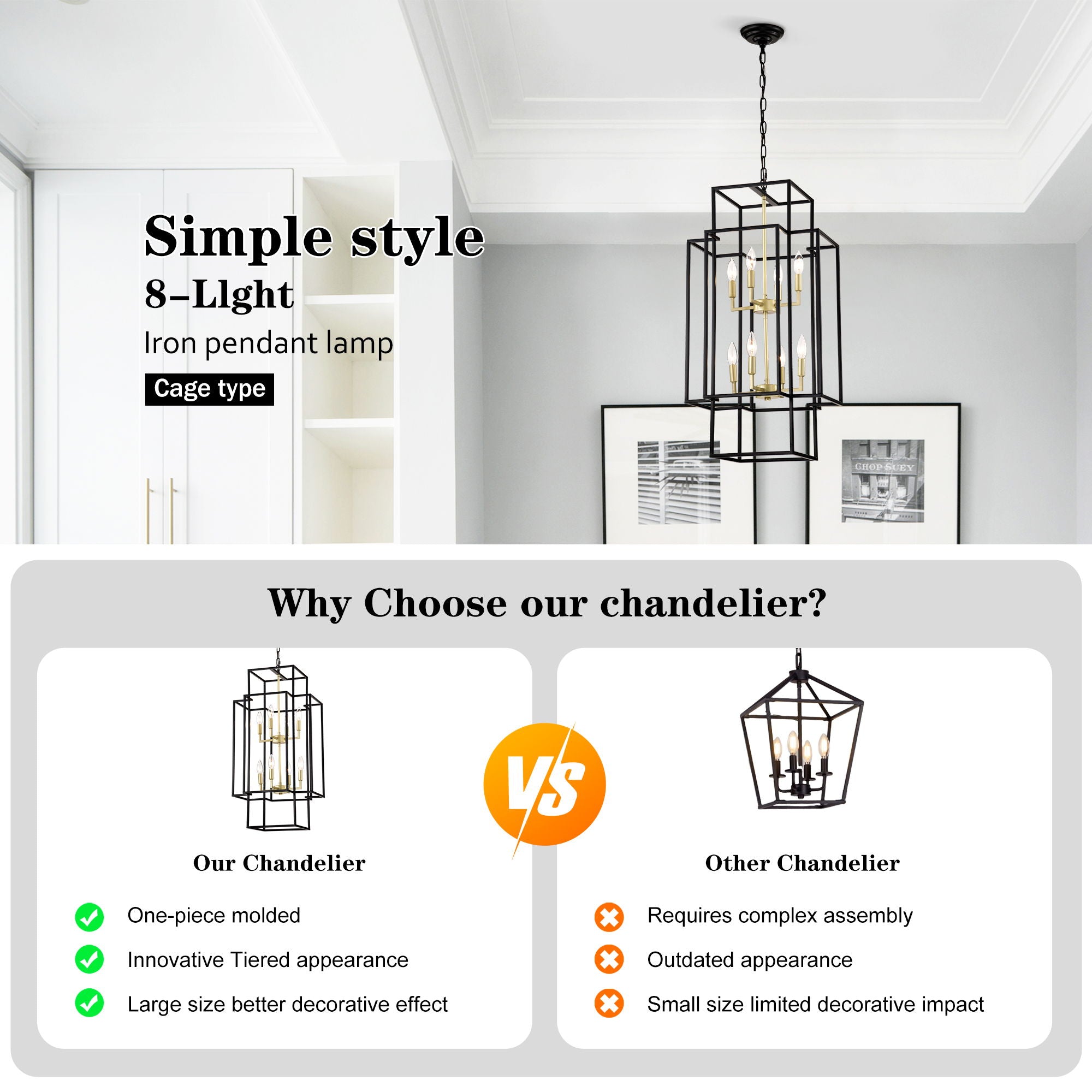 8 Light Lantern Chandelier Lighting, Entryway Chandeliers For High Ceilings, Chandeliers For Dining Room, Foyer, Entry, Staircase, Hallway, Height Adjustable (E12 Bulbs Not Included)