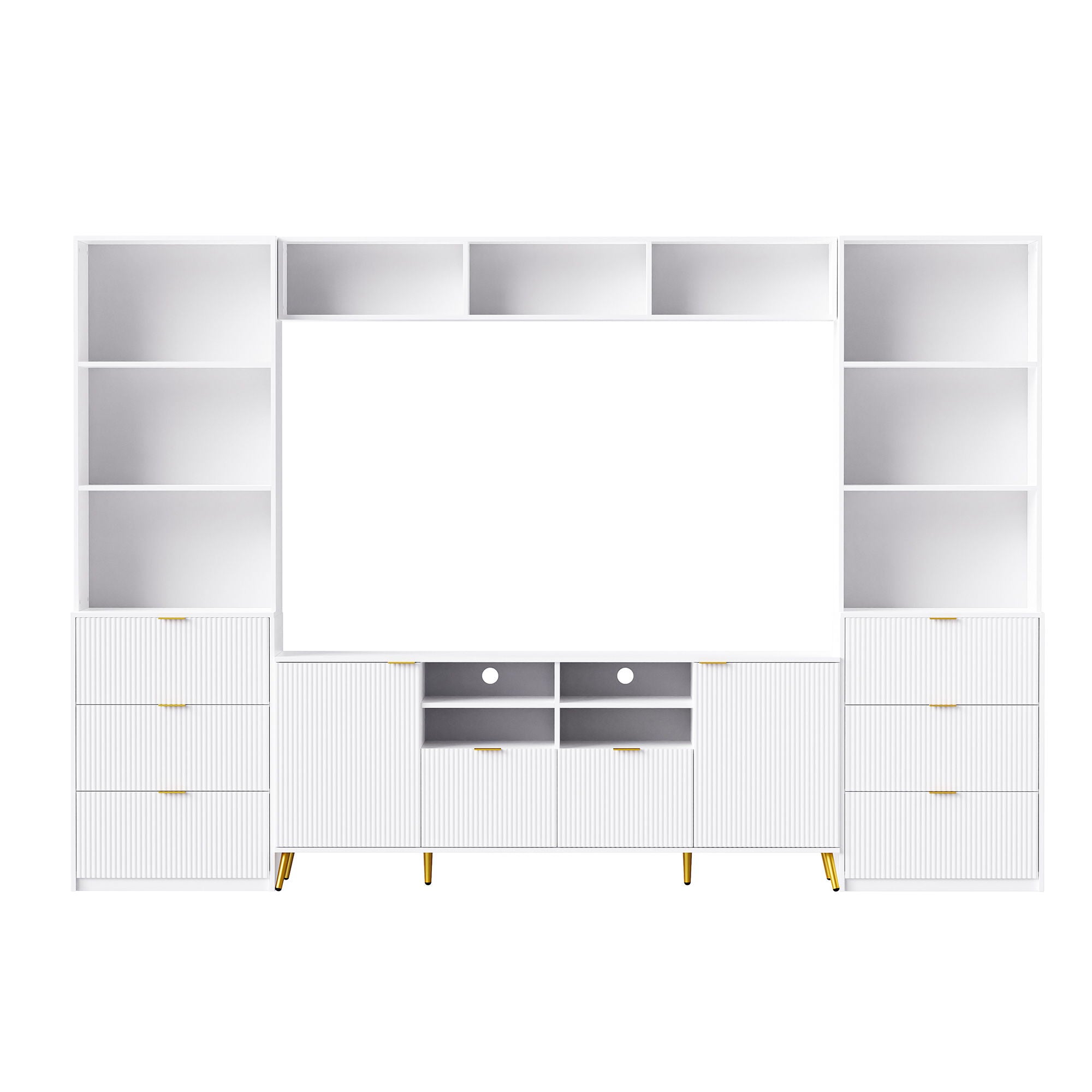 4 Piece Entertainment Wall Unit With 13 Shelves, 8 Drawers And 2 Cabinets, Multifunctional TV Stand Media Storage Cabinet With Fluted Line Surface For Living Room, For TVs Up To 70"