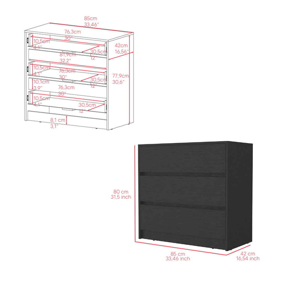 3 Drawer Dresser Wooden - Black