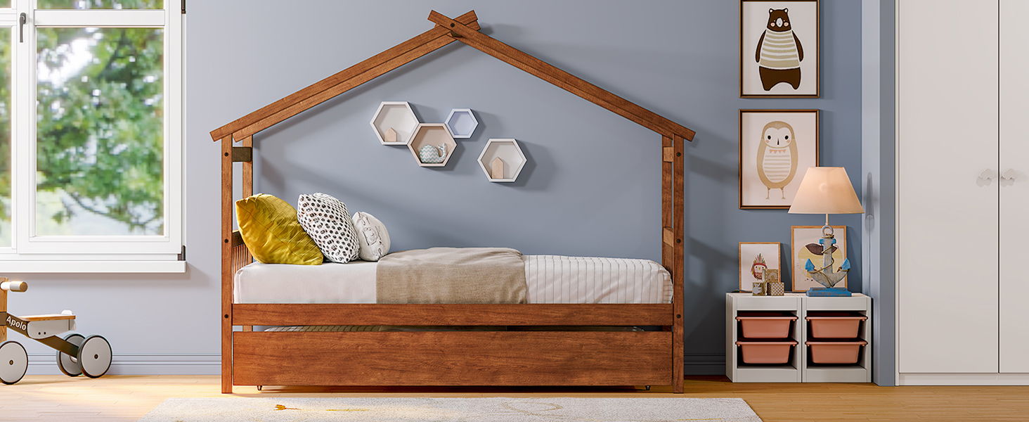 Wooden House Bed With Twin Size Trundle