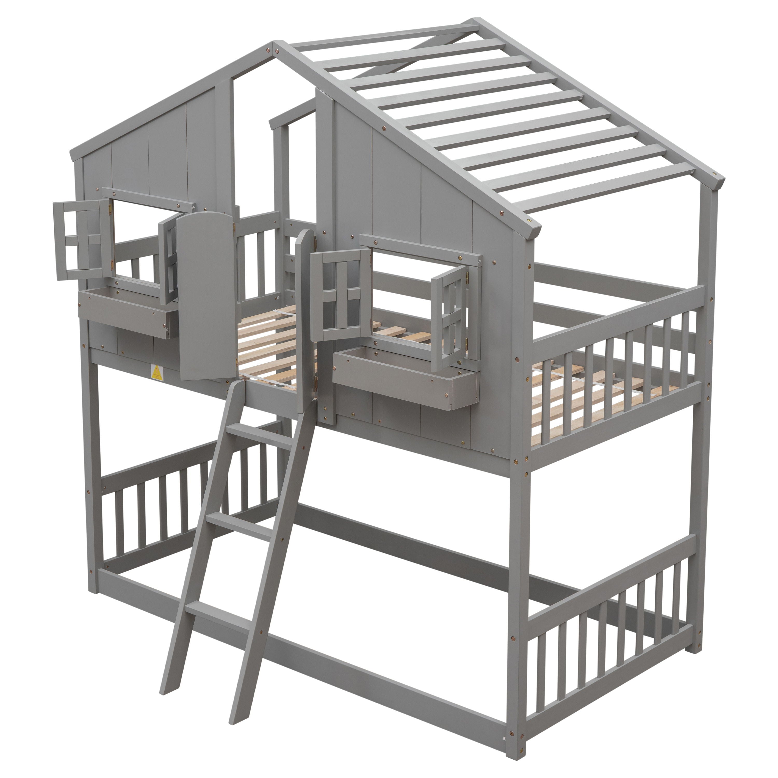 House Bunk Bed With Roof, Window, Window Box, Door, With Safety Guardrails And Ladder