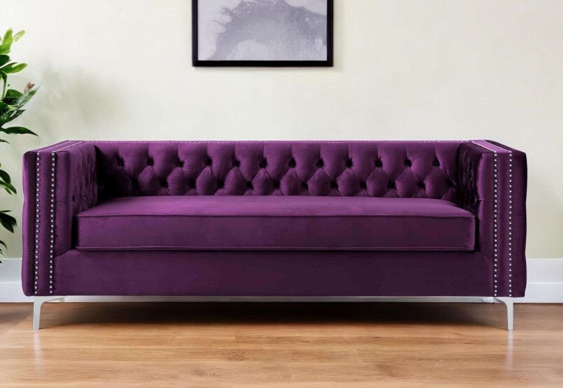 Velvet Sofa With Silver Legs - Purple