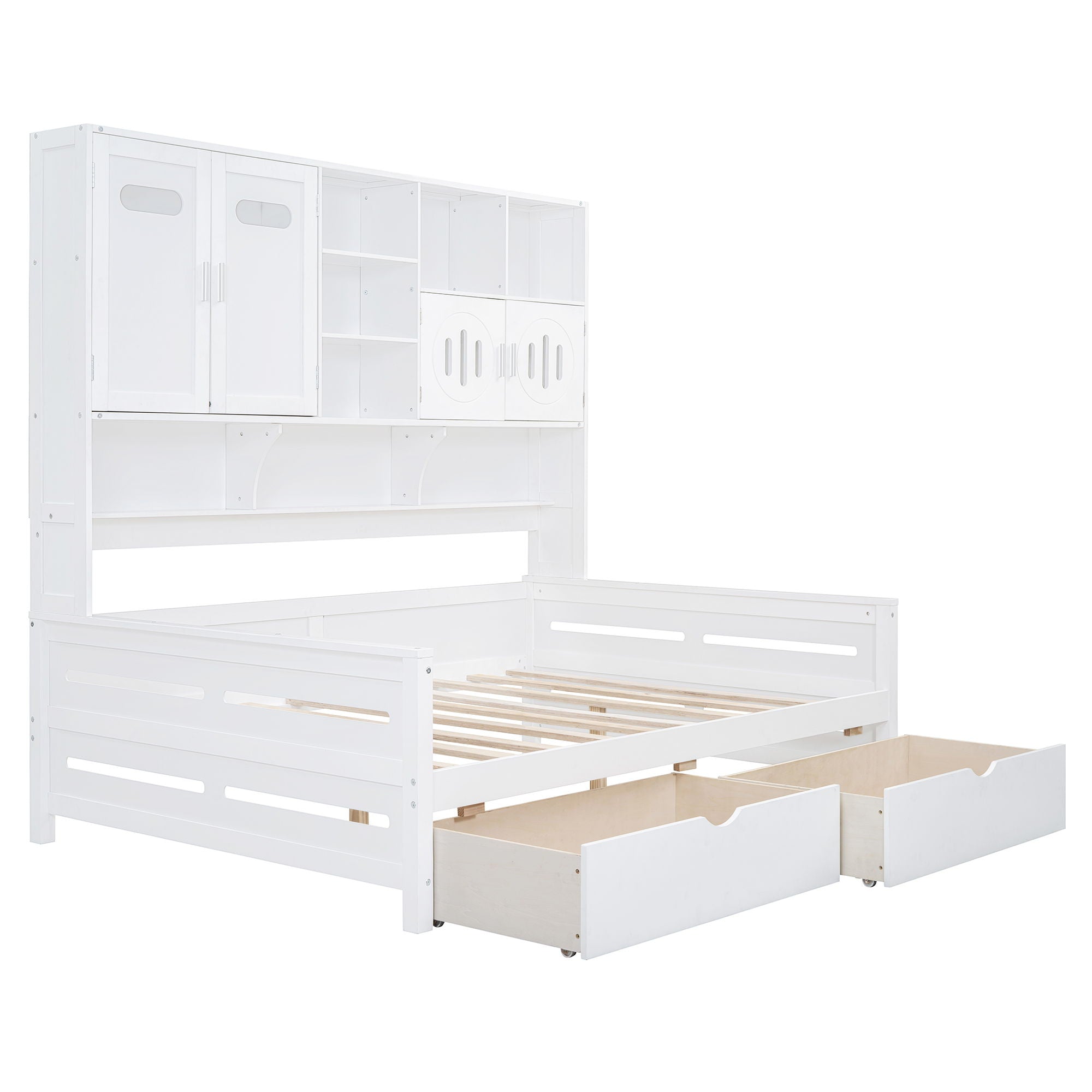 Wooden Daybed With 2 Drawers, And All-In-One Cabinet And Shelf