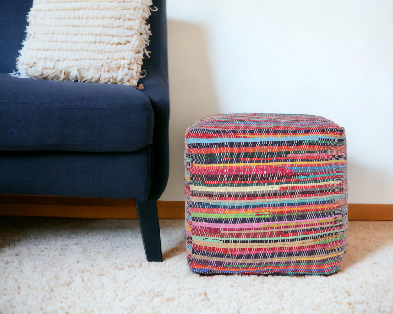 Cotton Cube Striped Pouf Ottoman - Red