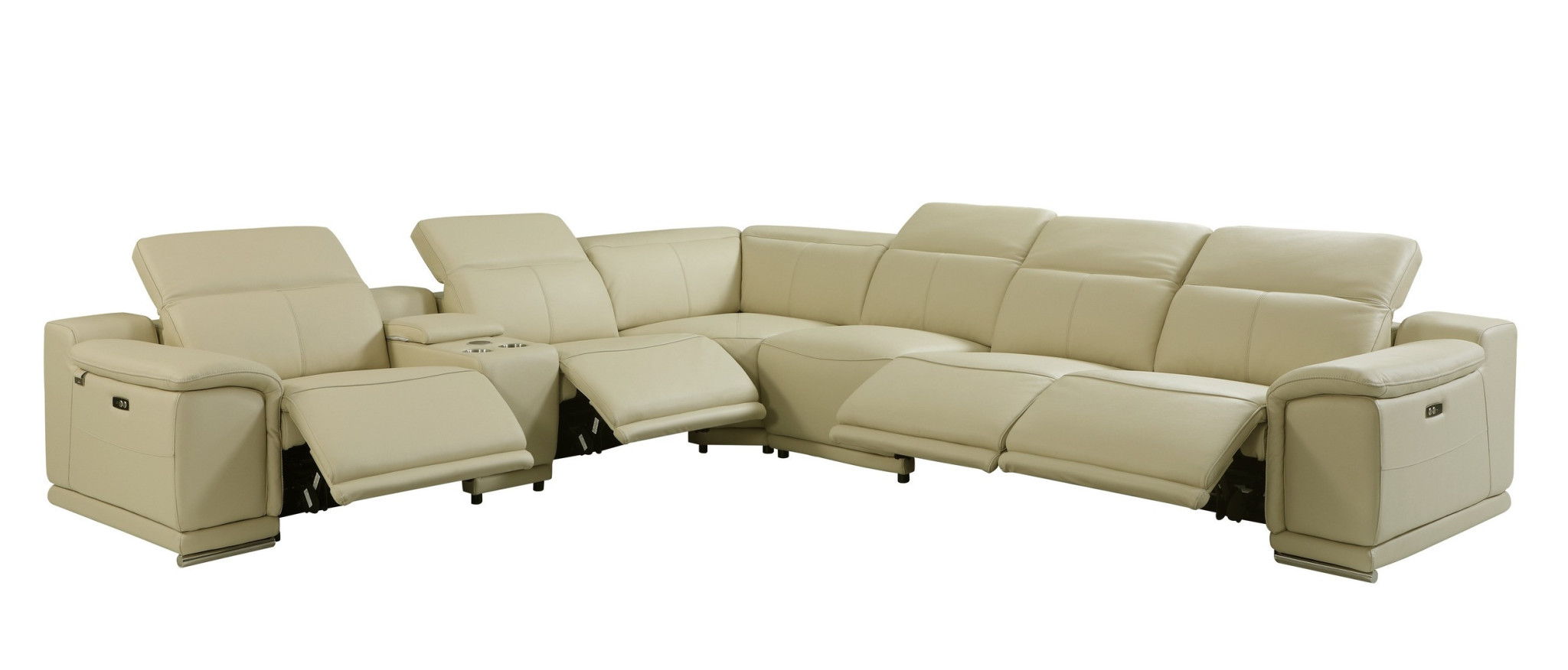 Italian Leather Power Reclining U Shaped Seven Piece Corner Sectional With Console - Beige