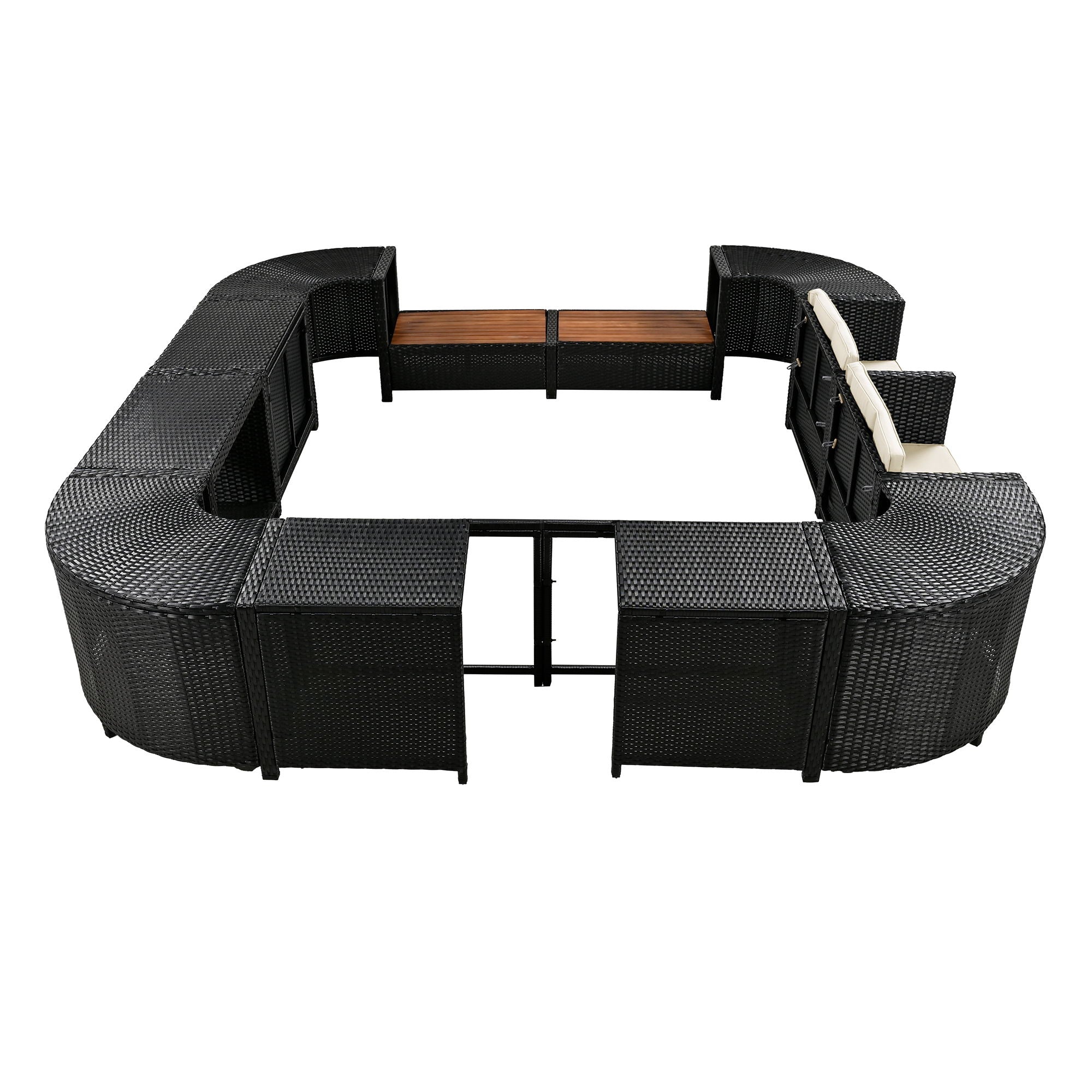 Spa Surround Spa Frame Quadrilateral Outdoor Rattan Sectional Sofa Set With Mini Sofa, Wooden Seats And Storage Spaces