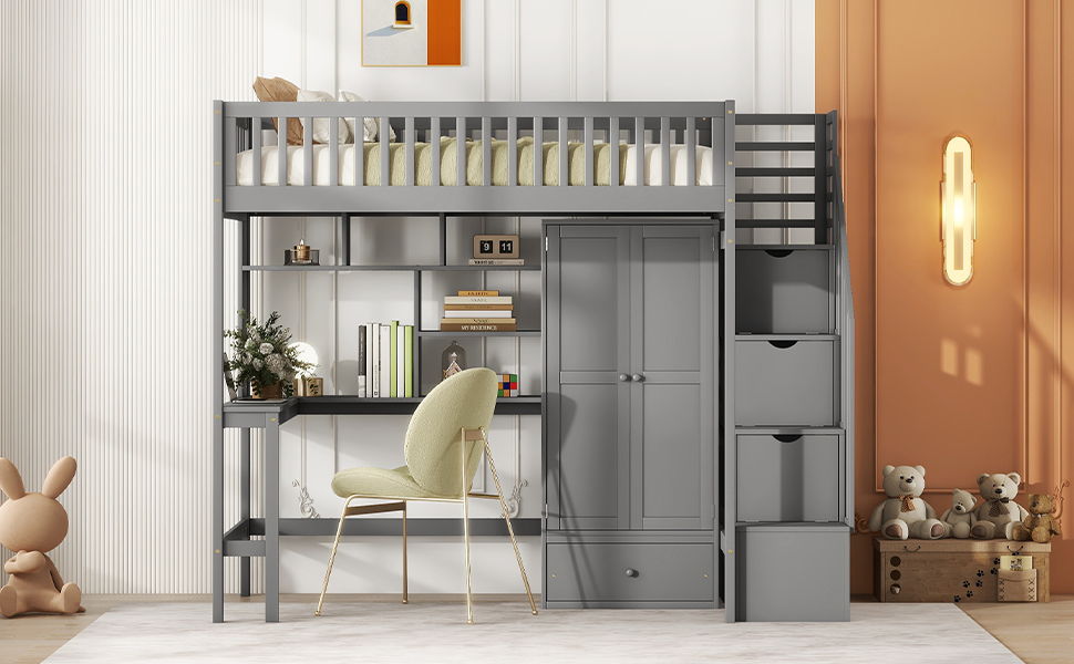 Twin Size Loft Bed With Bookshelf, Drawers, Desk, And Wardrobe - Gray