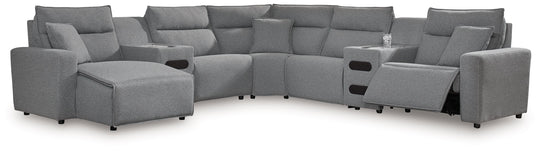 Modmax - Salt And Pepper - Reclining Sectional Gray 7 Pc. Power Reclining Sectional With LAF Power Chaise And With Audio Console by Signature Design by Ashley® | Bel Furniture