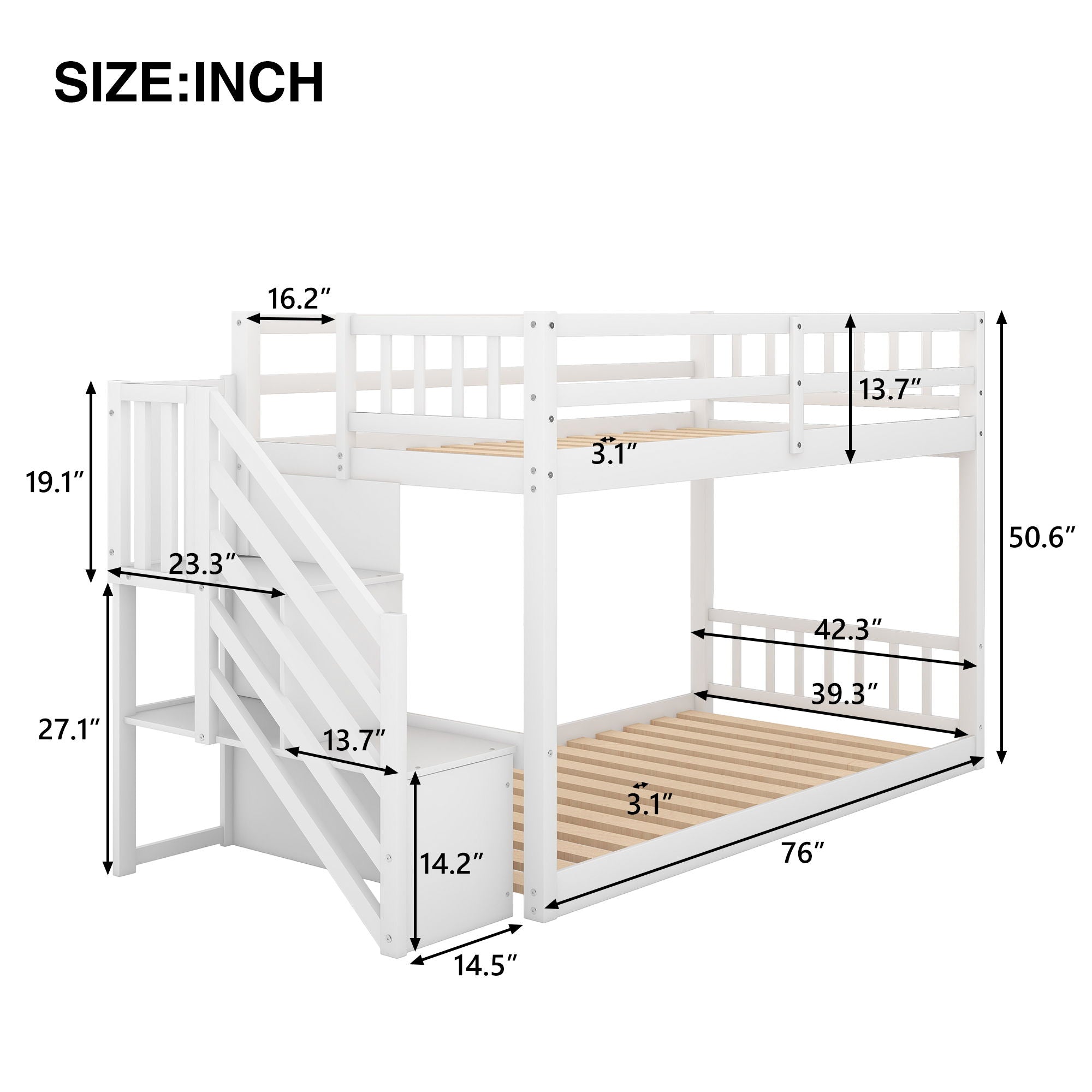 Twin Over Twin Floor Bunk Bed, Ladder With Storage