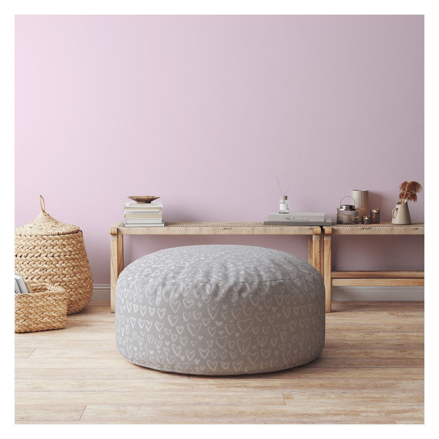 Cotton Round Floral Pouf Ottoman - Gray