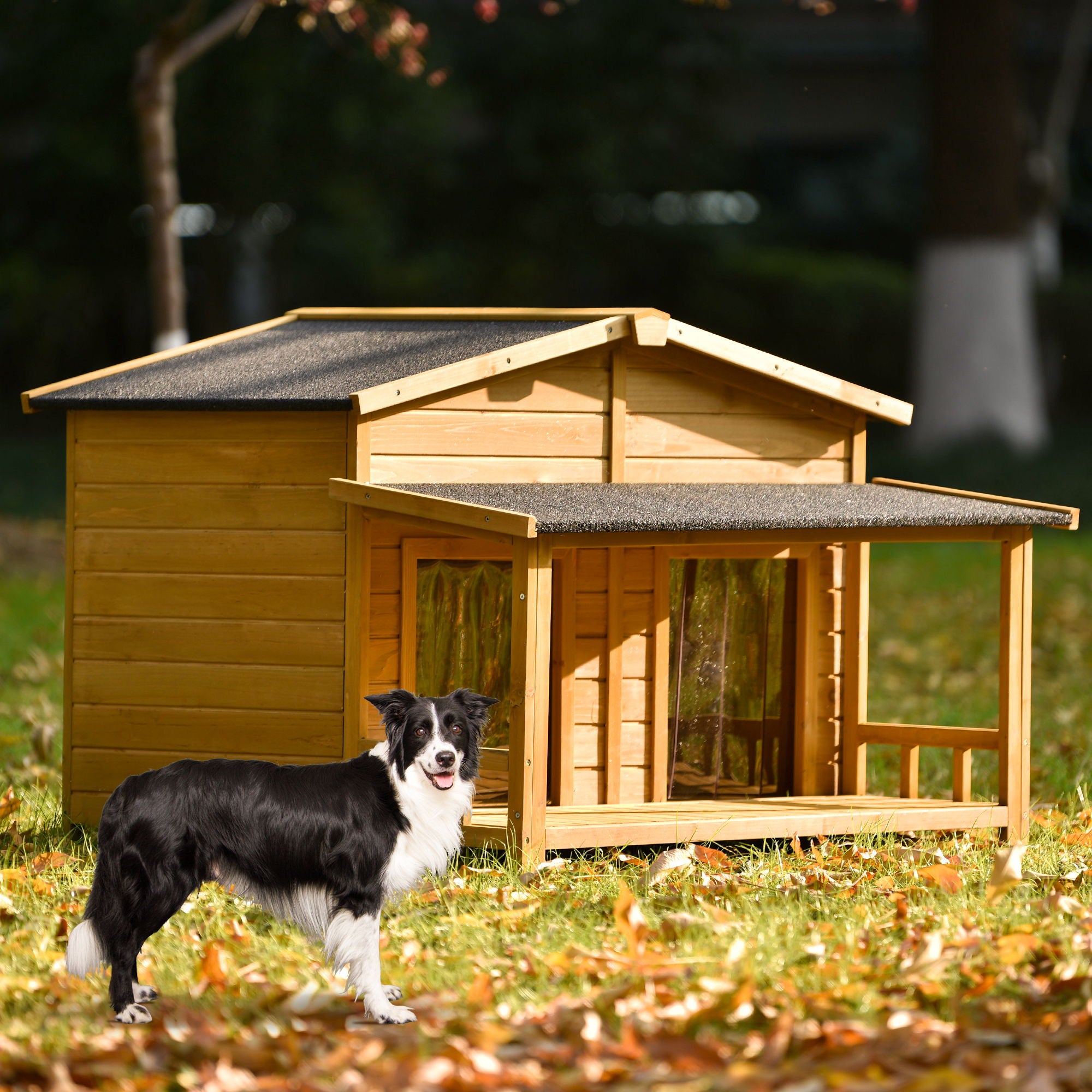 Large Wooden Dog House Outdoor / Indoor Dog Crate, Cabin Style, With Porch, 2 Doors