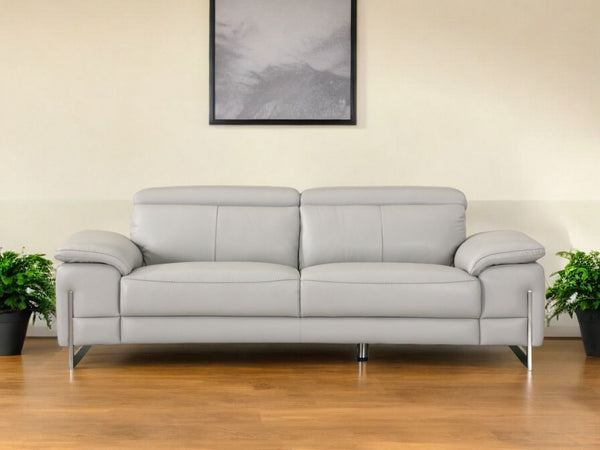 Sofa Italian Leather With Silver Legs - Light Gray