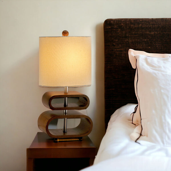 Retro Ovals Wood Bedside Lamp With Natural Shade - Brown