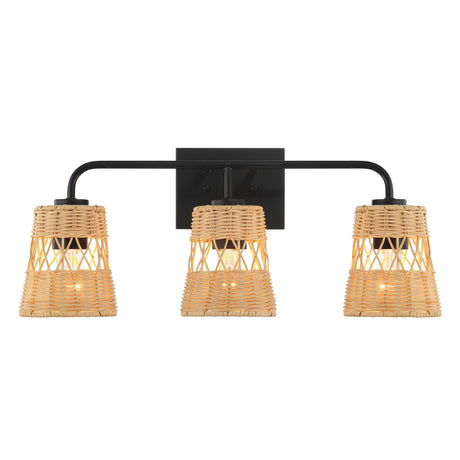 Moonlit - 3 Lights Wall Sconce With Shade, Bathroom Lighting Fixtures Over Mirror - Black / Rattan - view 4