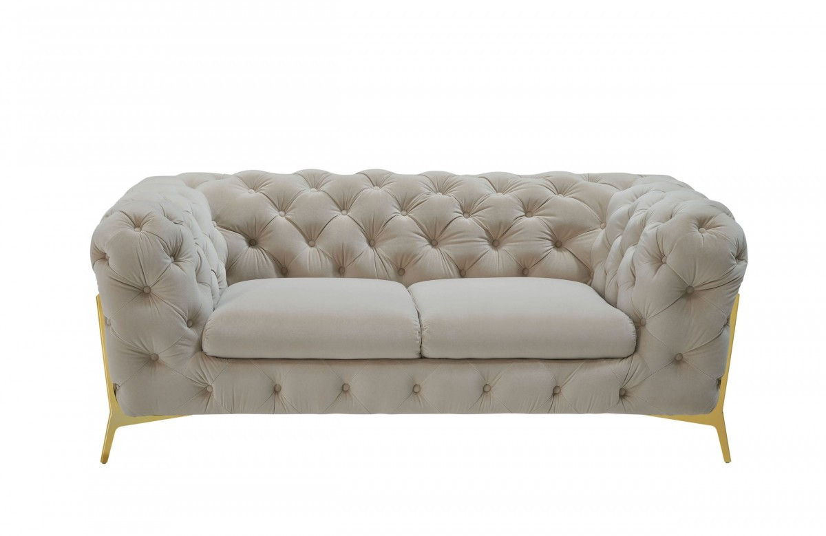 Velvet Chesterfield Loveseat - Beige / Gold