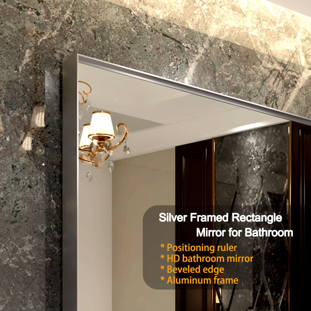 40X30" Silver Rectangular Wall-Mounted Beveled Bathroom Mirror, Square Angle Metal Frame Wall Mounted Bathroom Mirrors For Wall (Horizontal & Vertical) - Silver