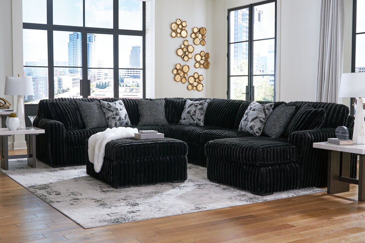 Midnight-Madness - Sectional Set Black 5 Pc. - 4-Piece Sectional With Raf Corner Chaise, Ottoman by Signature Design by Ashley® | Bel Furniture