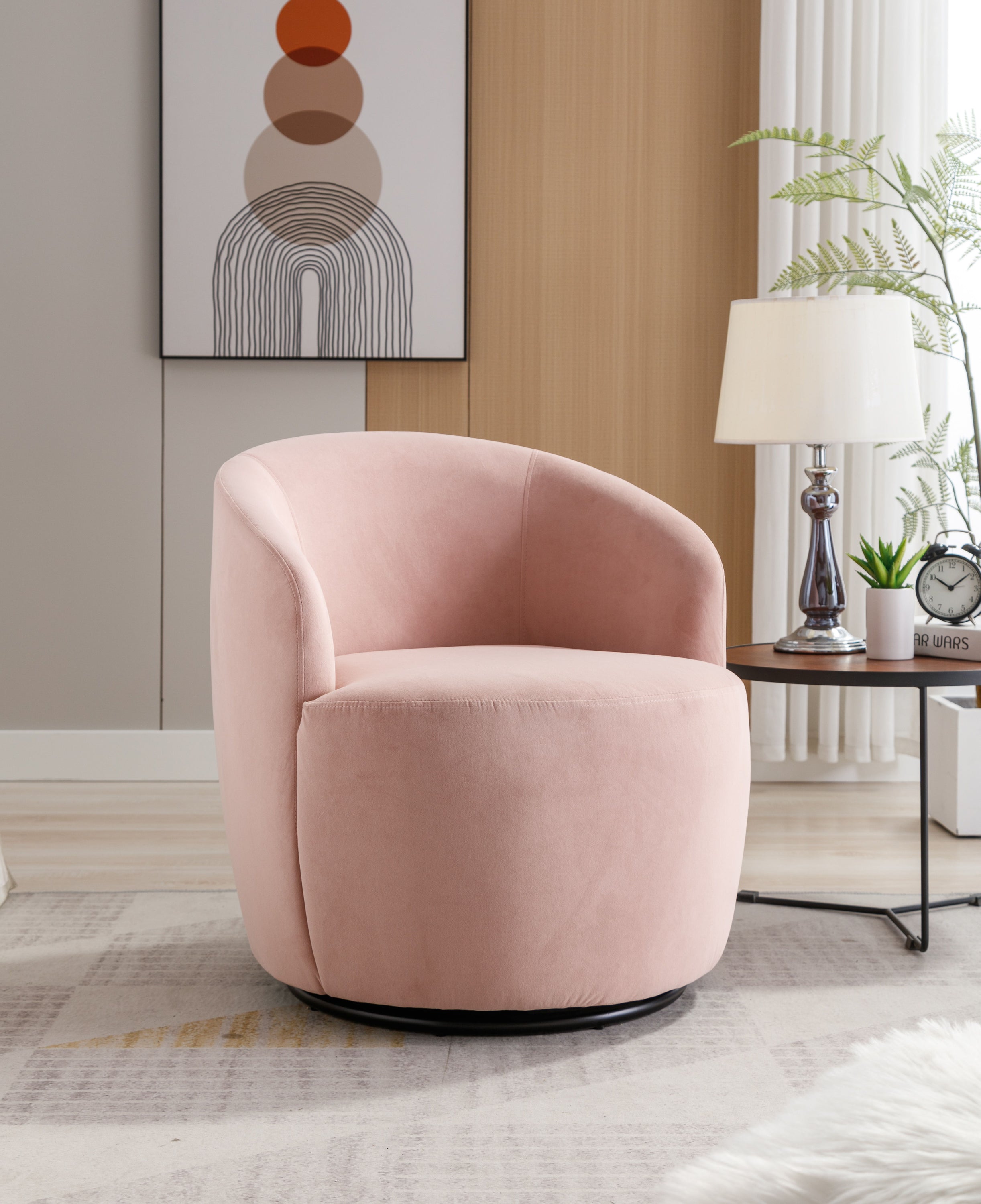 Velvet Fabric Swivel Accent Armchair Barrel Chair With Powder Coating Metal Ring