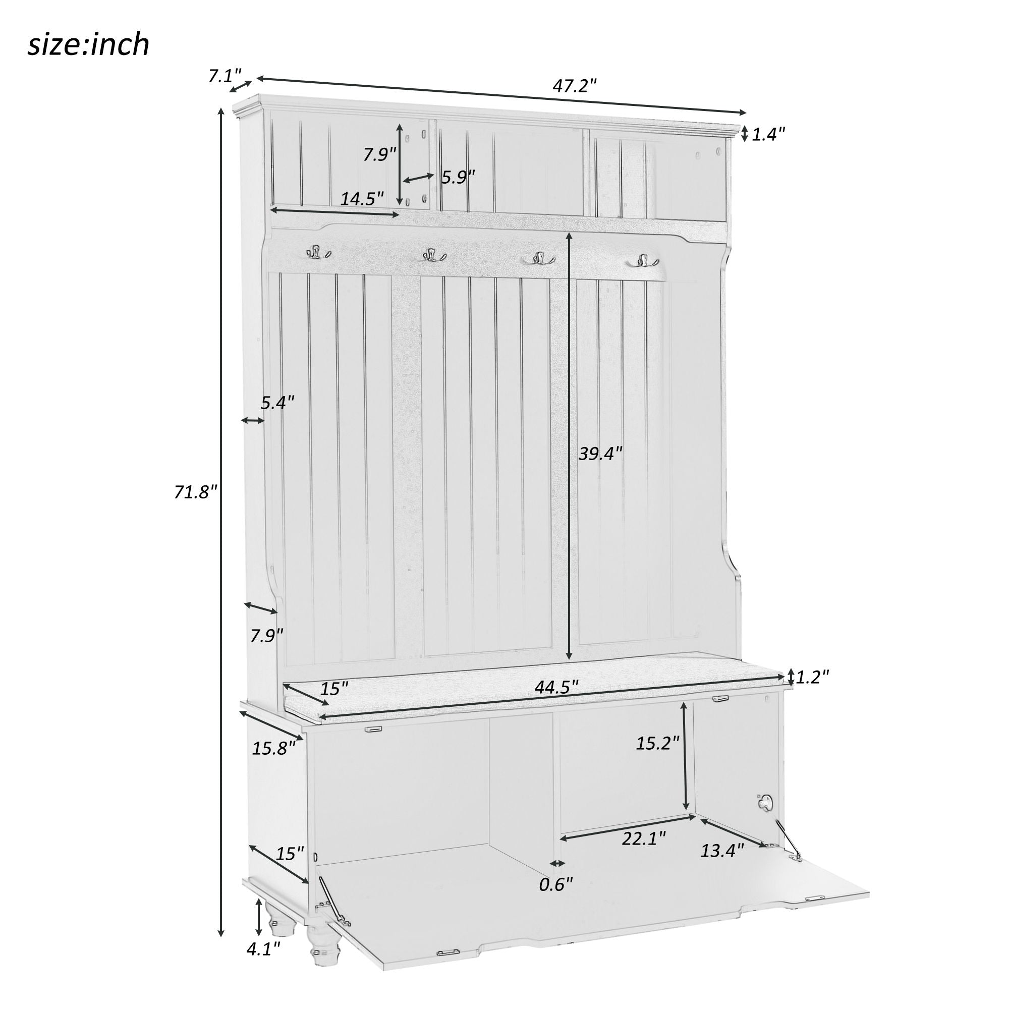 4 In 1 Entryway Bench With Coat Rack, Cushion And 4 Sturdy Hooks, Wide Hall Tree With Storage Bench For Hallway, Entryway, Living Room