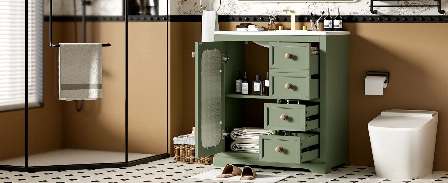 Bathroom Vanity With A Soft Close Glass Door, Adjustable Shelves, And Three Drawers