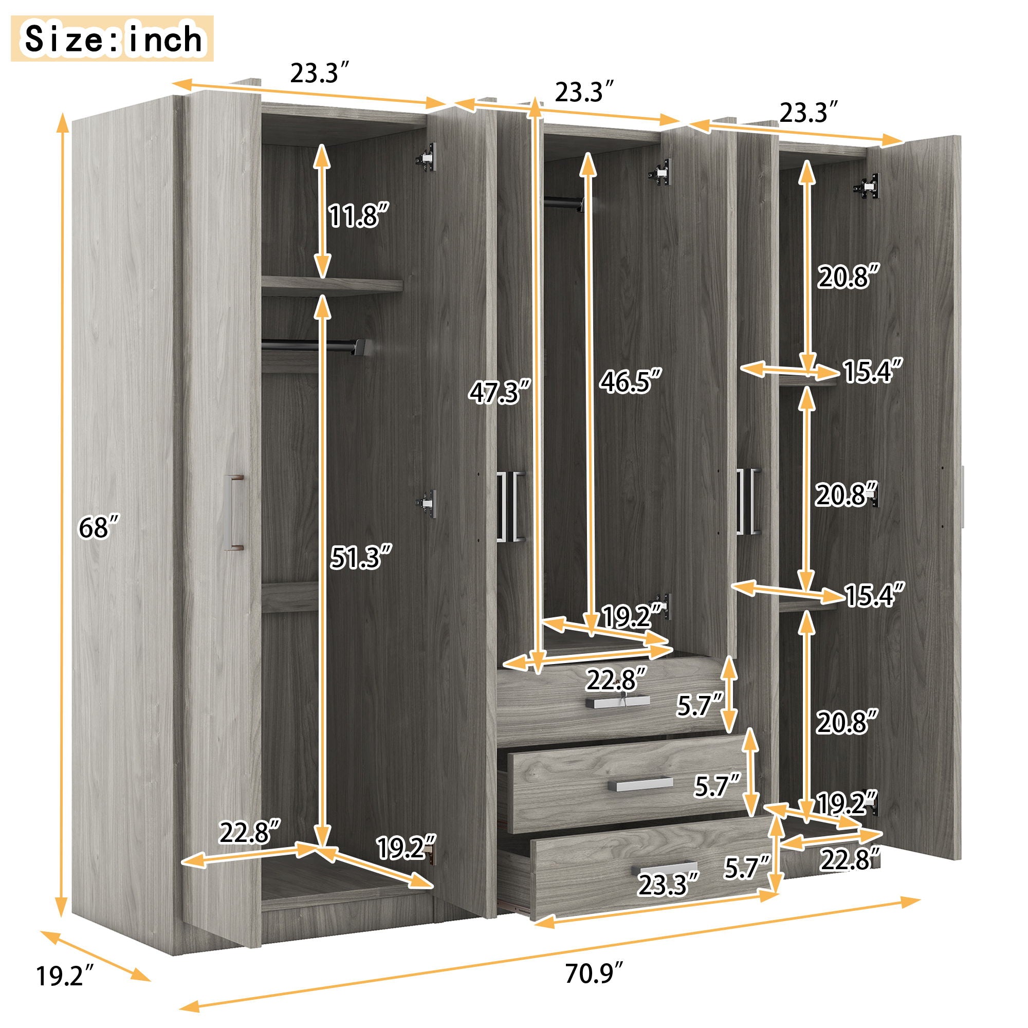 6 Doors Wooden Wardrobe Storage For Bedroom With Big Drawers