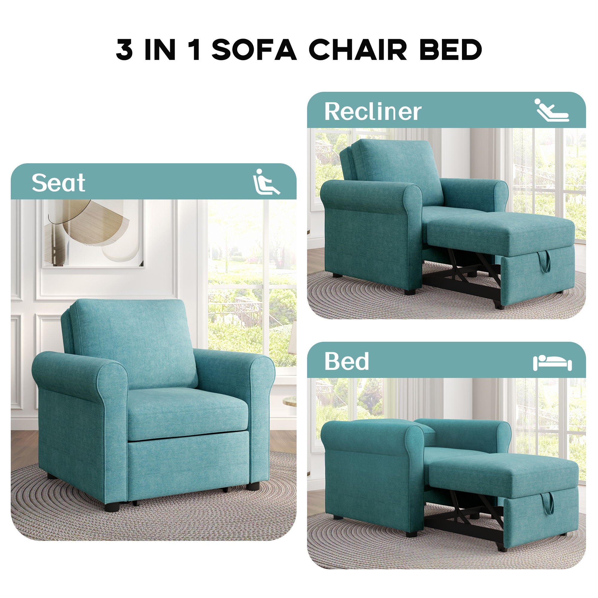 3 In 1 Sofa Bed Chair, Convertible Sleeper Chair Bed, Adjust Backrest Into A Sofa, Lounger Chair, Single Bed, Modern Chair Bed Sleeper For Adults