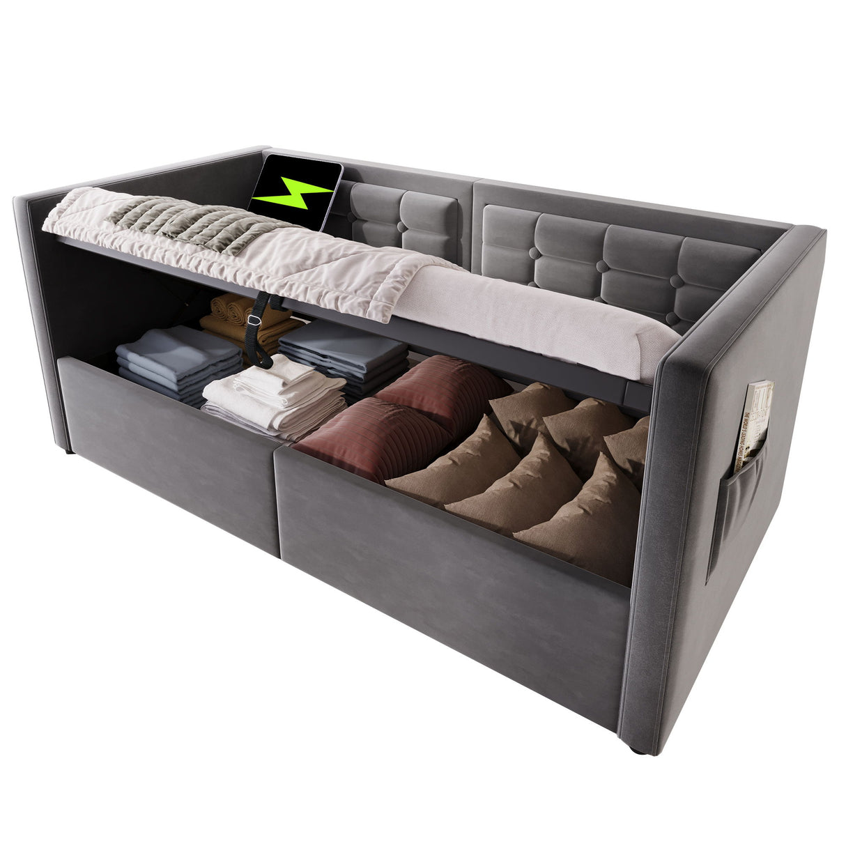 Upholstered Hydraulic Storage Daybed With USB & Type C Charging