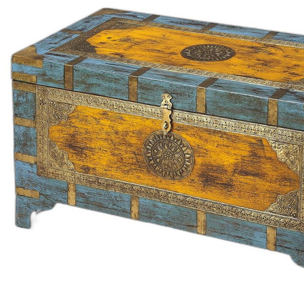 Hand Painted Brass Inlay Solid Wood Storage Trunk - Light Brown